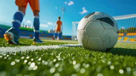 Soccer ball on the green grass with blurred background of football playersの素材