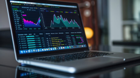 Laptop with stock market data on the screen. Business and finance concept.の素材