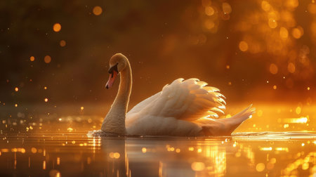 Beautiful white swan swimming on the lake at sunset. 3d renderingの素材