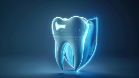 3d render of tooth with shield in blue light on blue backgroundの素材