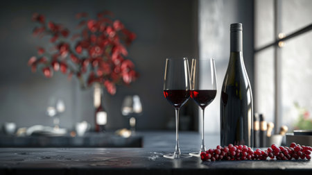 Two glasses of red wine and grapes on a black table in a restaurantの素材