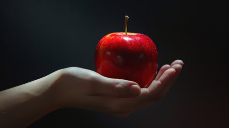 Red apple in female hand on dark background. Close-up.の素材