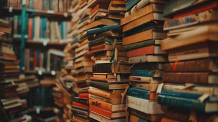 Many books in the library. Selective focus. Shallow depth of fieldの素材