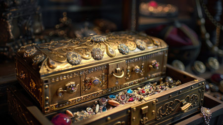 Jewelry chest with precious stones in a shop window. Selective focus.の素材
