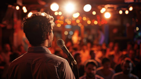 Male singer on stage in nightclub, back view. Space for textの素材
