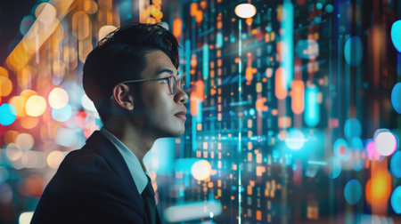 Double exposure of young asian business man in front of virtual screenの素材