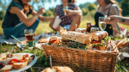 Close-up of picnic basket full of tasty sandwiches with fresh vegetables and greensの素材