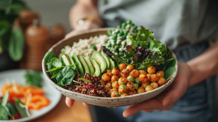 Woman holding a bowl of healthy salad with chickpeas, avocado and quinoa.の素材