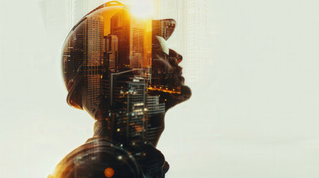 Silhouette of man wearing helmet and looking at cityscape. Double exposureの素材