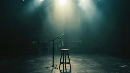 Microphone in a dark room with smoke and spotlights. 3D renderingの素材