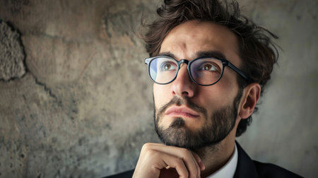 Portrait of a pensive young businessman looking away over grunge backgroundの素材