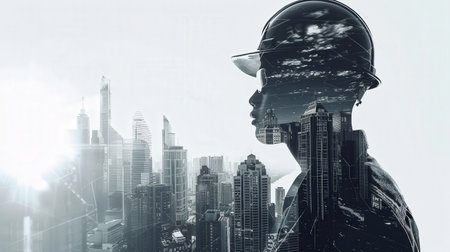Double exposure of man in safety helmet and cityscape. Mixed mediaの素材