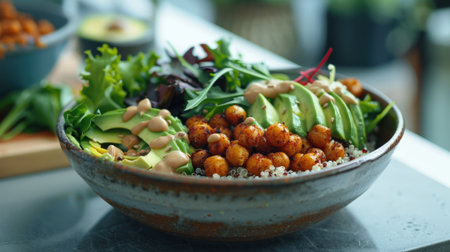 Healthy salad bowl with chickpeas, avocado and arugula.の素材