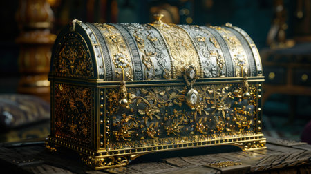 Gold treasure chest on a wooden table in the interior of the churchの素材