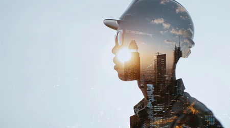 Double exposure of construction worker with safety helmet and modern city. Mixed mediaの素材