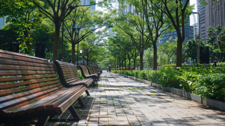 Benches in a park in Hong Kong, Hong Kong, Chinaの素材