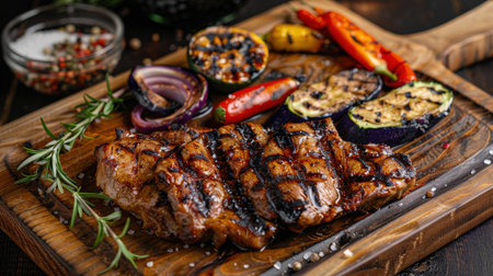 Grilled beef steak with grilled vegetables on wooden cutting board, closeupの素材