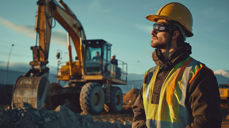 Portrait of a male construction worker on the background of a construction siteの素材