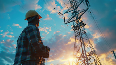 silhouette engineer in safety helmet and checkered shirt standing on the background of high-voltage power lines at sunsetの素材