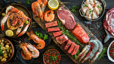 Seafood, shrimps, prawnspus, fish and meat on wooden backgroundの素材