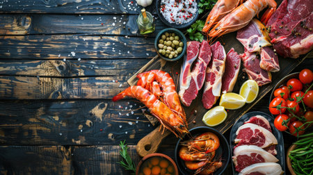 Seafood set on rustic wooden background, top view.の素材
