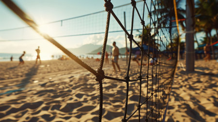 Beach volleyball net on the sand with blurred people on the backgroundの素材