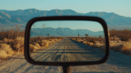 Reflection in the car mirror of a road in the desert.の素材