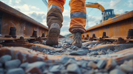 Close-up of the legs of a construction worker on the railwayの素材