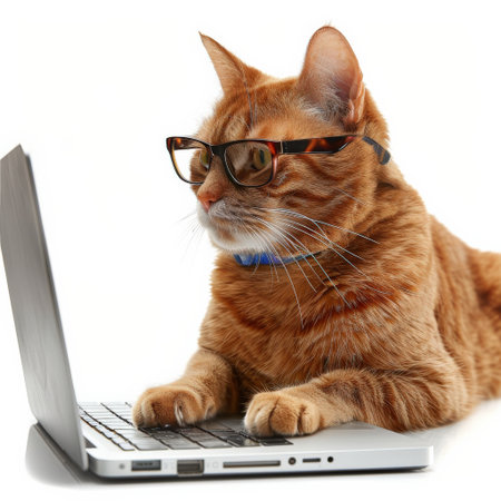 Ginger cat with glasses and laptop on white background. Isolatedの素材