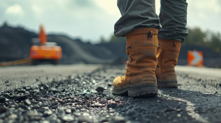 Worker in yellow boots standing on the asphalt road, close-upの素材