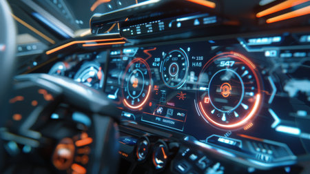 Interior of a modern car with dashboard, steering wheel and dashboard. 3d renderingの素材