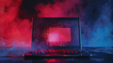 Close-up of a laptop with a red screen on a dark toned foggy background.の素材