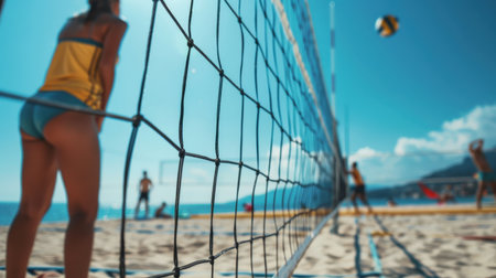 Close-up of a volleyball net on the beach. Selective focus.の素材