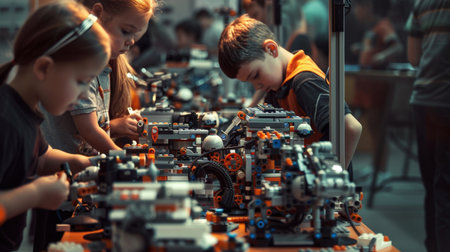 Children at robotics school playing with toy robots. Selective focus.の素材