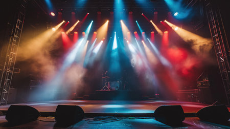 stage lighting effect in the dark with smoke and rays of light on the stageの素材