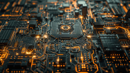 Circuit board close up. Technology background. Motherboard digital chip. Tech science background. Integrated communication processor. Information engineering component.の素材