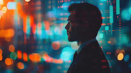 Side view of businessman looking at night city with double exposure of binary code. Toned imageの素材