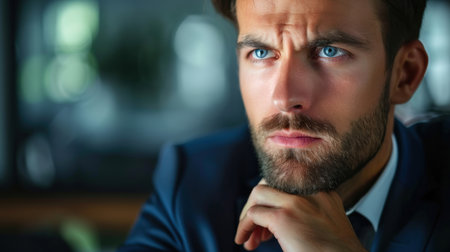 Close-up portrait of a pensive businessman sitting in a cafeの素材