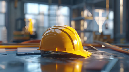 Yellow hard hat on the floor of a building. 3d renderingの素材