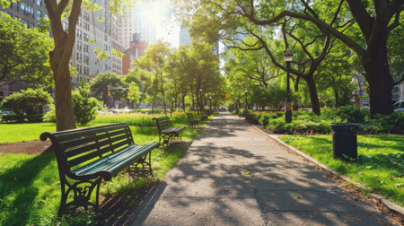 Bench in the park in New York City, USA. Summer season.の素材