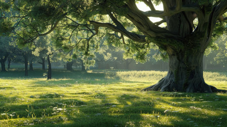 Old oak tree in the morning light with green grass and sunbeamsの素材