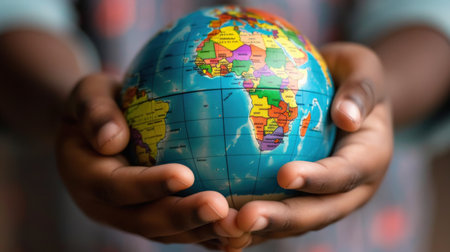 African american boy holding a globe in his hands, close upの素材