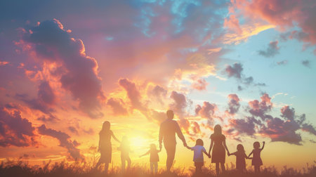 Silhouette of happy family on sunset background. Concept of friendly family.の素材