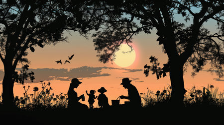 Silhouette of a family picnic under the tree at sunset.の素材