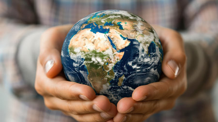 Close up of human hands holding Earth globe. Elements of this image furnished by NASAの素材