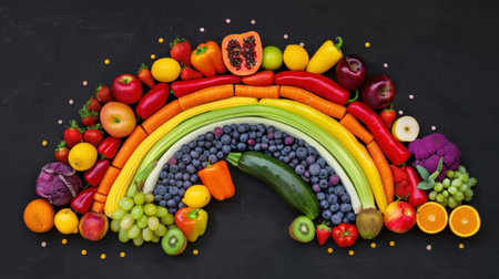 Fruits and vegetables arranged in a rainbow shape on a black backgroundの素材