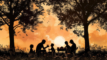 Silhouette of family dinner in the forest at sunset time.の素材