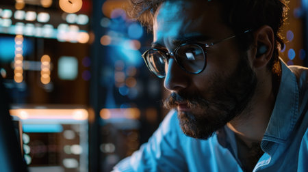 Portrait of a bearded hipster man working on laptop at nightの素材
