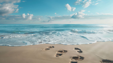 Footprints in the sand on the beach and blue sky background.の素材