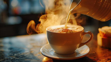 Pouring milk into a cup of cappuccino in cafeの素材